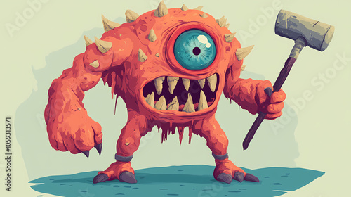 Giant oneeyed cyclop with club in one hand - a cartoon of a monster. Giant Cyclops. Illustration photo