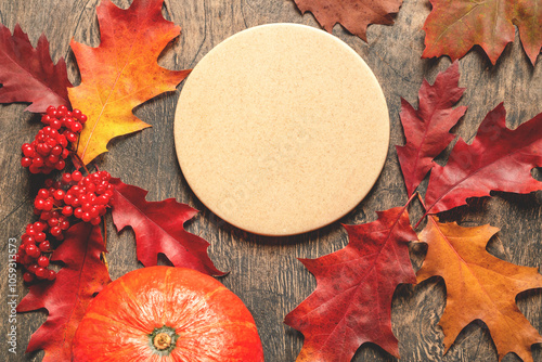 Round coasters made of artificial stone tabletop. Food stan. Grocery counter. View from above. Food mill. Autumn background.		
