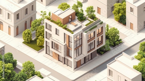 Isometric urban townhouse with minimalist styling, rooftop garden, Isometric house modern, city living