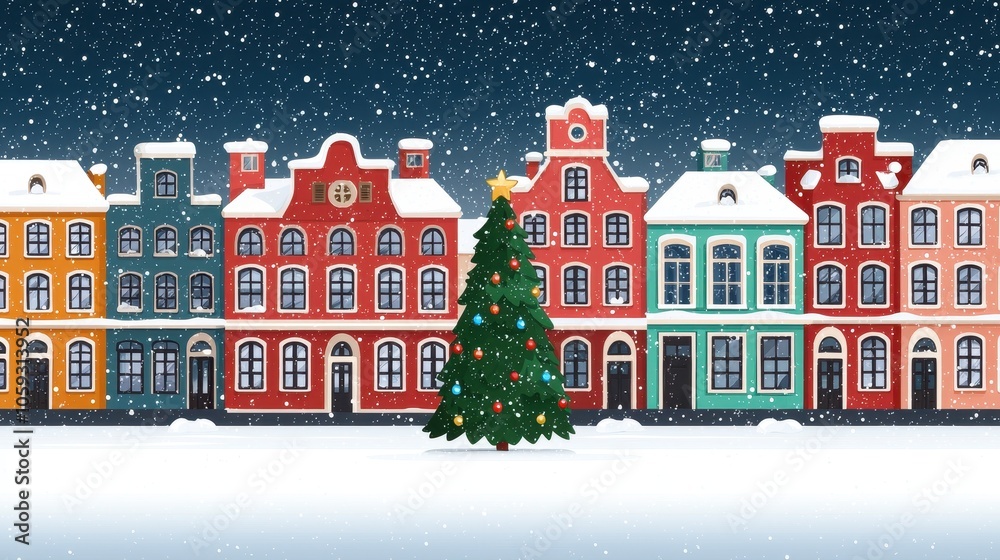 A festive winter scene featuring colorful houses, a decorated Christmas tree, and falling snow, creating a charming holiday atmosphere. A festive winter scene featuring colorful houses, a decorated Christmas tree, and falling snow, creating a charming holiday atmosphere.