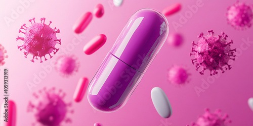 vibrant purple capsule floats among pink virus particles and white pills, symbolizing health and medicine. dynamic colors create engaging visual representation of pharmaceutical concepts