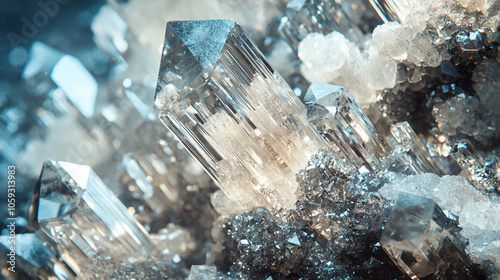 Transparent hexagonal and cubic crystals interconnected against a black background.