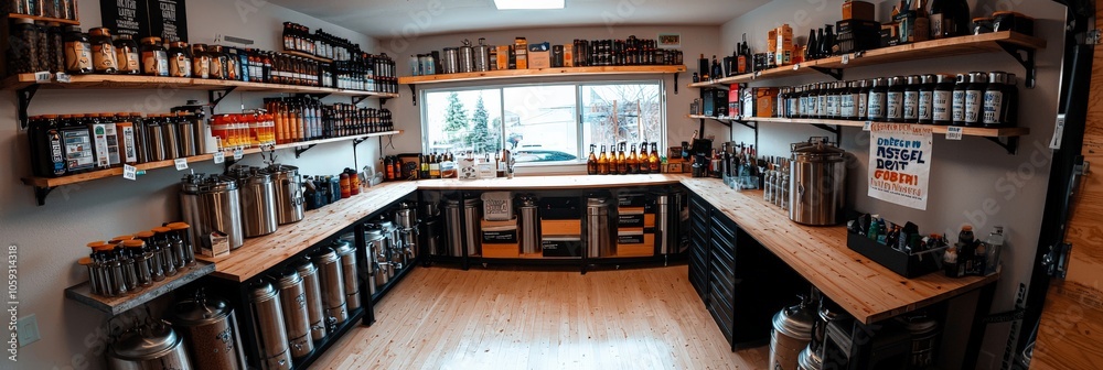 A well-organized home brewing setup in a garage, featuring glass fermenters, brewing tools, and shelves full of grains and hops, with the brewer preparing a new batch. A well-organized home brewing setup in a garage, featuring glass fermenters, brewing tools, and shelves full of grains and hops, with the brewer preparing a new batch.