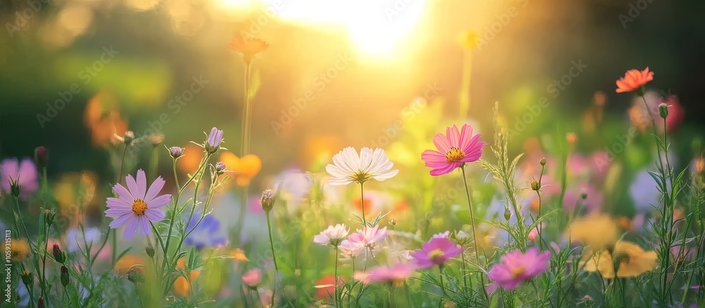 A vibrant field of wildflowers illuminated by sunlight. A vibrant field of wildflowers illuminated by sunlight.