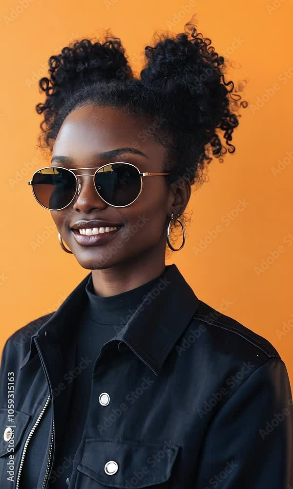 image of a black woman wearing sunglasses in front of an orange wall, looking hip and contemporary. image of a black woman wearing sunglasses in front of an orange wall, looking hip and contemporary.