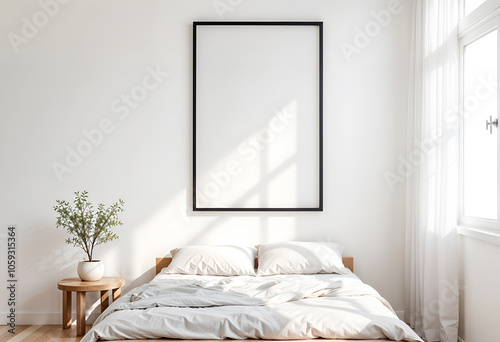 Mock up poster frame in Scandinavian interior and Natural Decor background, bedroom, minimalistic style, template
