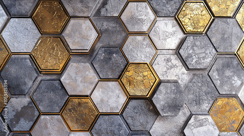 Hexagonal metallic tiles transition from silver to gold with a 3D effect.