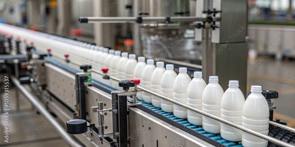 Fototapeta premium Efficient Production Line of Bottle Shrink Sleeve Labeling Machine in Action at Packaging Exhibition