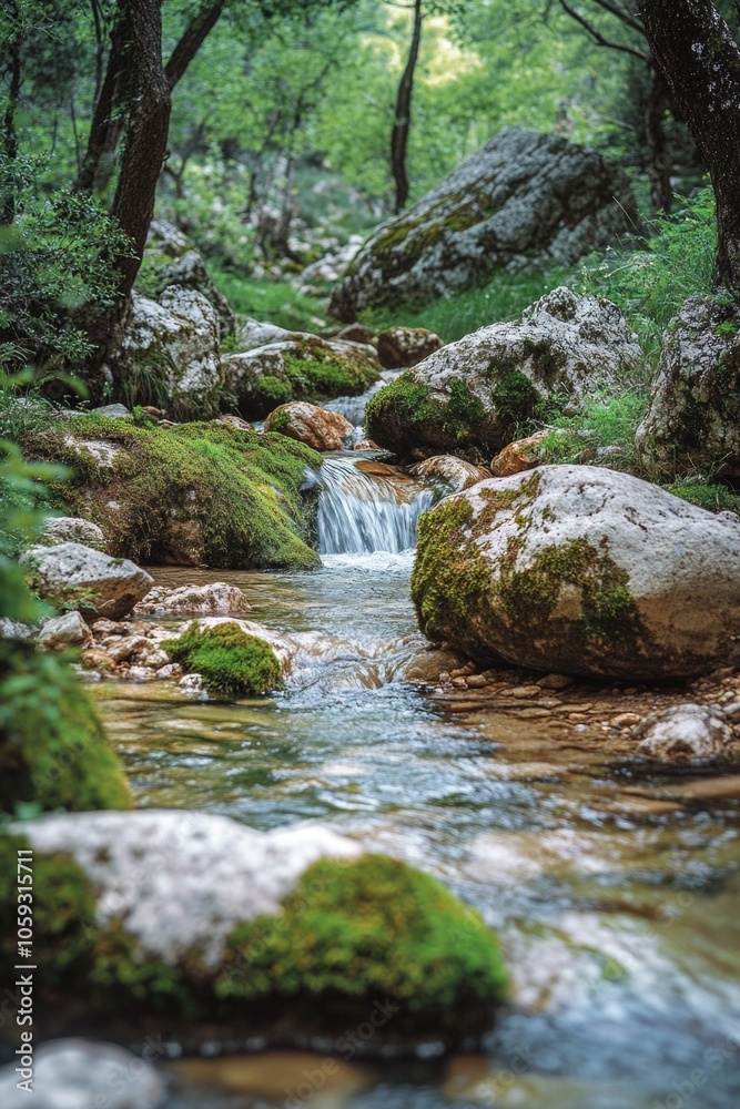 Rocky gorge with water flowing through. Moss growing on rocks and bank. Rocky gorge with water flowing through. Moss growing on rocks and bank.