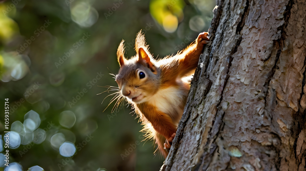 The American red squirrel perches on the top of a cracked, broken tree branch, ai The American red squirrel perches on the top of a cracked, broken tree branch, ai