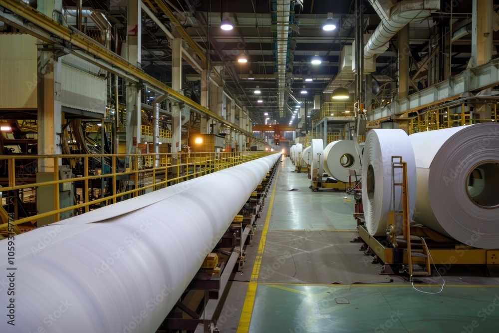 Industrial Paper Production Line with Giant Rolls of Processed Paper in a Busy Manufacturing Facility Industrial Paper Production Line with Giant Rolls of Processed Paper in a Busy Manufacturing Facility