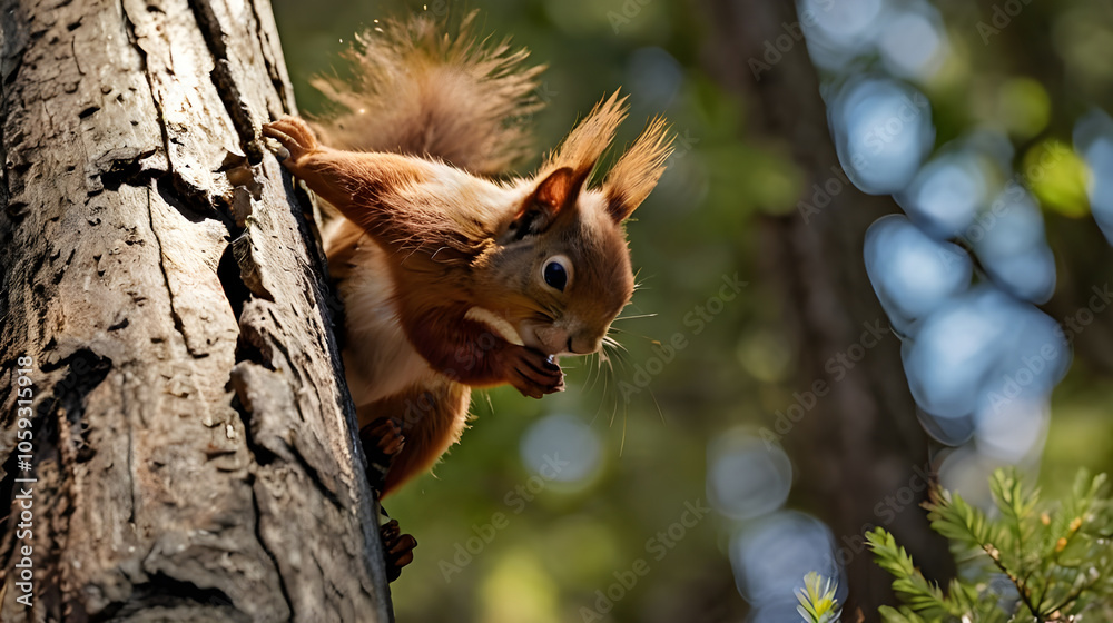 The American red squirrel perches on the top of a cracked, broken tree branch, ai