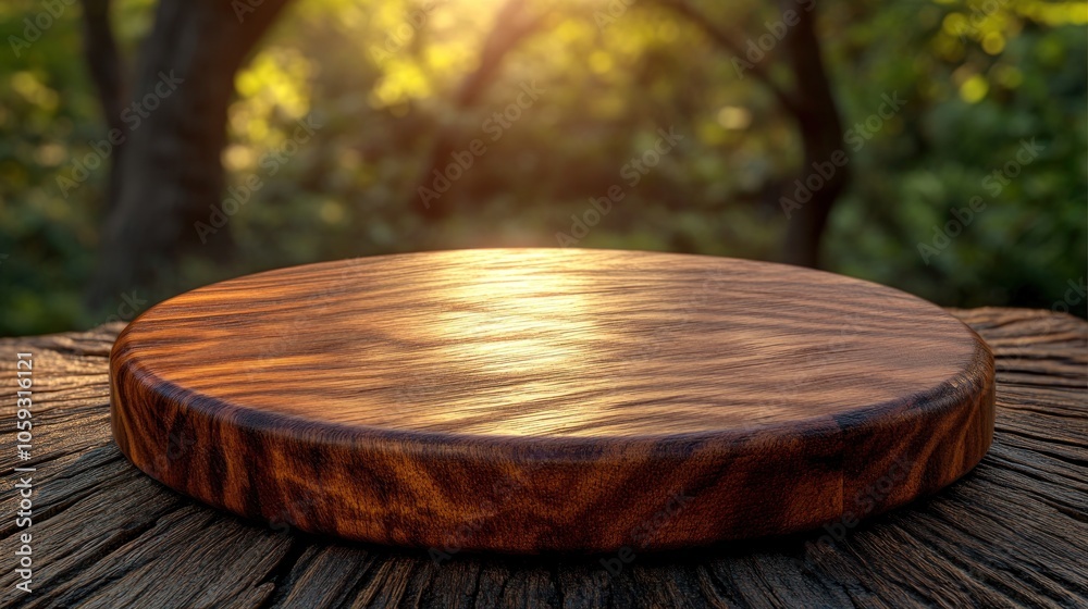 Wooden tabletop with blurred forest background and sunlight. Wooden tabletop with blurred forest background and sunlight.