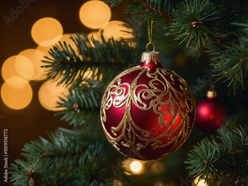 A Closeup of a Red Christmas Ornament with Intricate Gold Designs photo