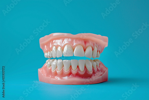 Closeup photo of dentures on blue background, dentistry for advertising, modern minimalistic banner