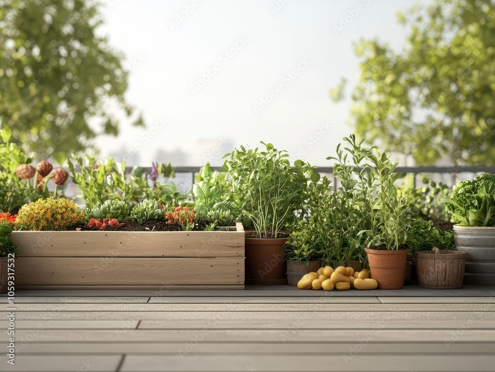Community garden rooftop, urban agriculture, fresh greens, and flowers, 3D illustration Community garden rooftop, urban agriculture, fresh greens, and flowers, 3D illustration
