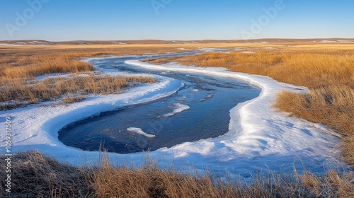 A winding river with patches of ice and blue water flows through a snow-covered field of dry grass. photo