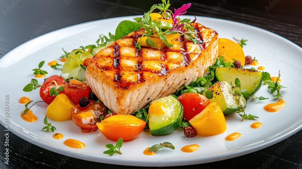 A beautifully plated cuisine with vibrant vegetables and fresh garnishes, offering a colorful and artistic presentation.