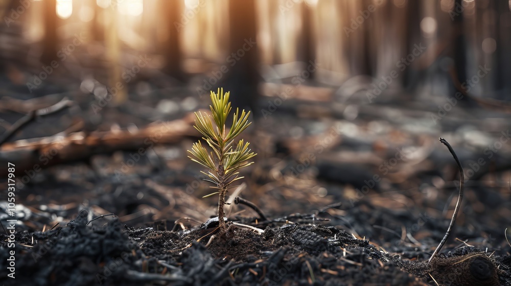 A small pine seedling sprouts through the charred remains of a forest fire. A small pine seedling sprouts through the charred remains of a forest fire.