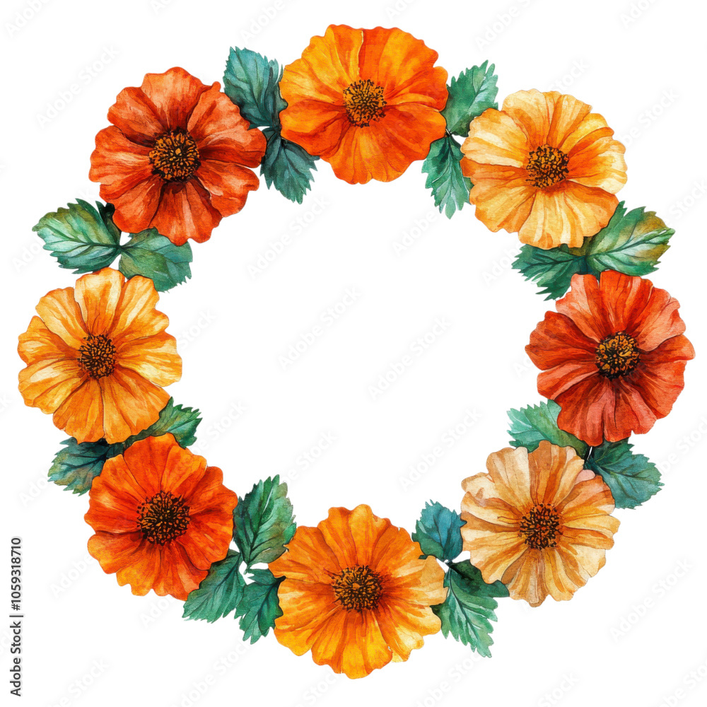 Obraz premium vibrant floral wreath featuring orange and yellow flowers surrounded by green leaves, perfect for decorative purposes