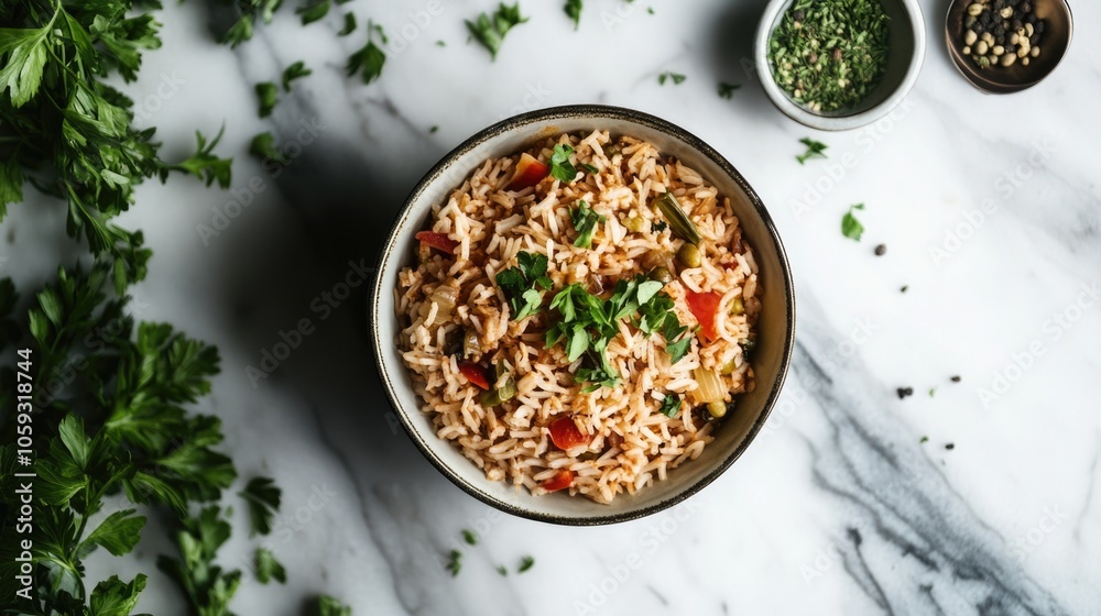 Colorful rice dish with vegetables, garnished and ready to eat. Colorful rice dish with vegetables, garnished and ready to eat.