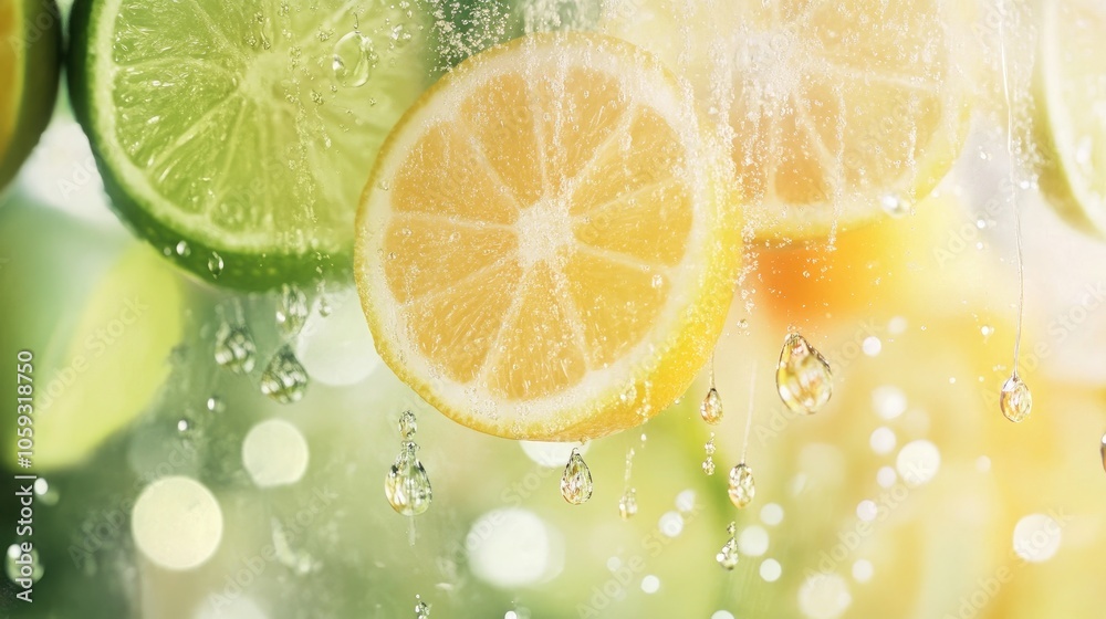 Citrus Burst: A Captivating Close-up of Freshly Sliced Lemons and Limes with Sparkling Water Drops, Perfect for Summer Refreshments and Zesty Flavors Citrus Burst: A Captivating Close-up of Freshly Sliced Lemons and Limes with Sparkling Water Drops, Perfect for Summer Refreshments and Zesty Flavors