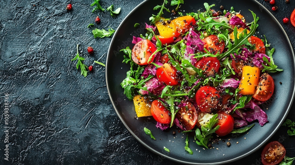A close-up of a colorful gourmet plate with bright garnishes and creative presentation on a dark gray background, highlighting contrast and texture. A close-up of a colorful gourmet plate with bright garnishes and creative presentation on a dark gray background, highlighting contrast and texture.