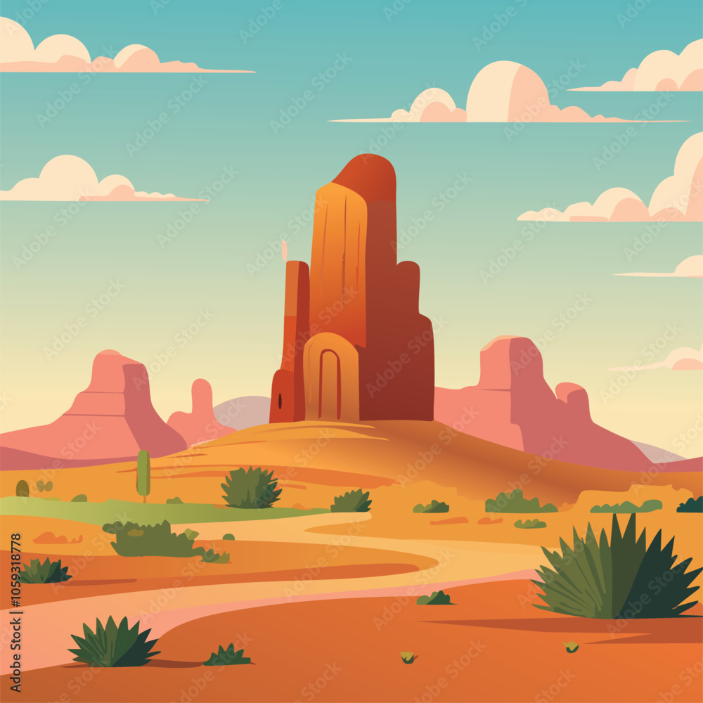 Flat Illustration of Desert View with Warm Atmosphere During the Day Flat Illustration of Desert View with Warm Atmosphere During the Day