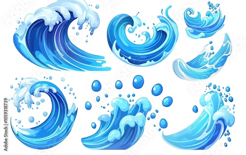Various artistic representations of ocean waves illustrating dynamic movements and blue hues in a creative composition