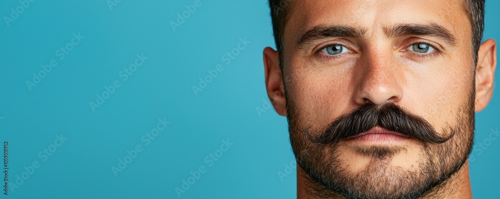 Men's health and November mustache grooming concept. A close-up portrait of a man showcasing a well-groomed mustache against a vibrant blue background