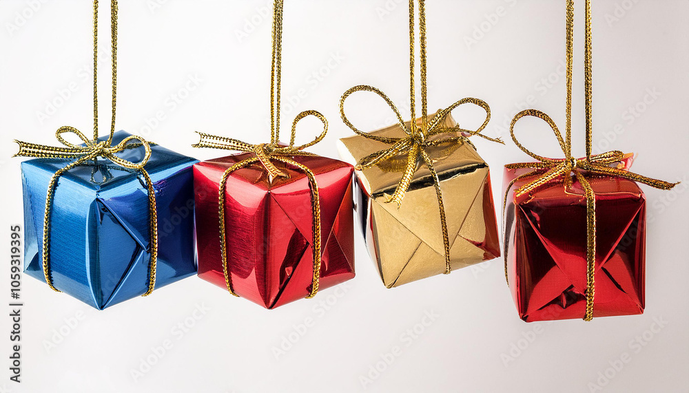 Fototapeta premium 4 cajitas de regalo de navidad colgando de una cinta sobre un fondo blanco