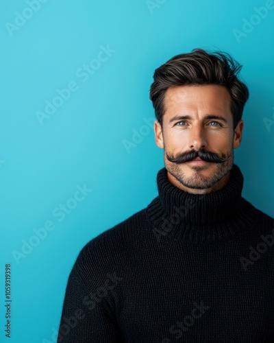 November Mustache: playful grooming and style. A stylish man with a prominent mustache poses against a vibrant blue background wearing a black turtleneck sweater