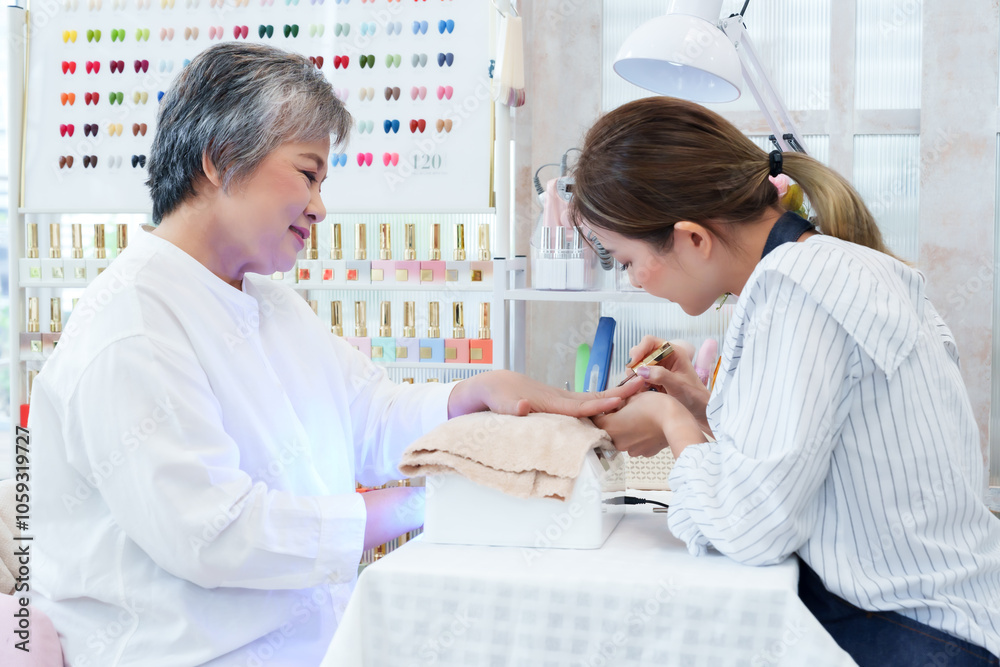 Fototapeta premium Senior Asian woman enjoys a professional manicure at nail salon, with nail technician applying polish attentively. well-lit space and organized polish display create relaxing, welcoming environment.
