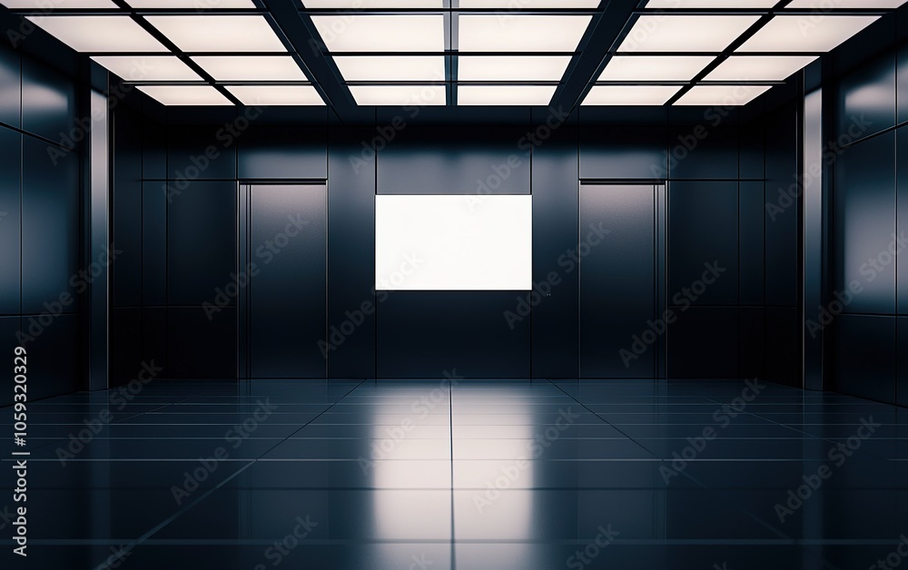 A modern elevator lobby with sleek black walls and illuminated ceiling lights in a contemporary building at night A modern elevator lobby with sleek black walls and illuminated ceiling lights in a contemporary building at night