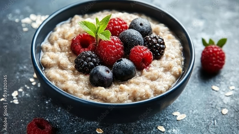 Nutritious oatmeal breakfast topped with colorful fresh berries. Nutritious oatmeal breakfast topped with colorful fresh berries.