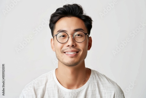 Close up portrait of attractive Asian man in glasses smiling.