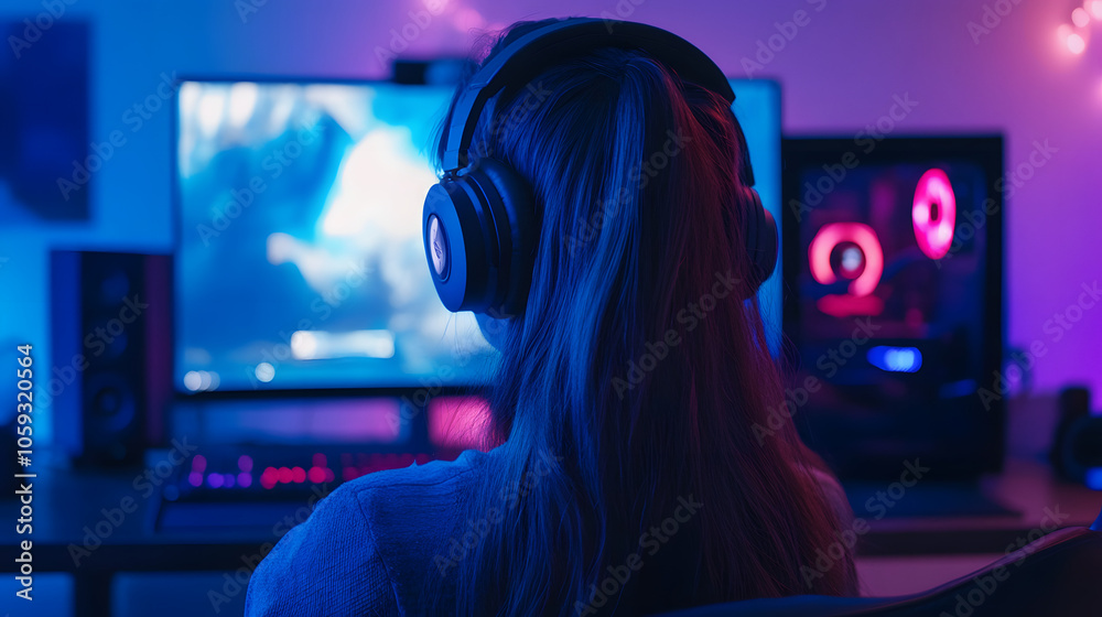 Cute and pretty gamer girl playing video game on computer screen while sitting ergonomic chair in entertainment pink purple neon room, side view Cute and pretty gamer girl playing video game on computer screen while sitting ergonomic chair in entertainment pink purple neon room, side view
