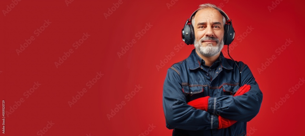 Obraz premium Confident Senior Factory Worker with Protective Gear Against a Red Background