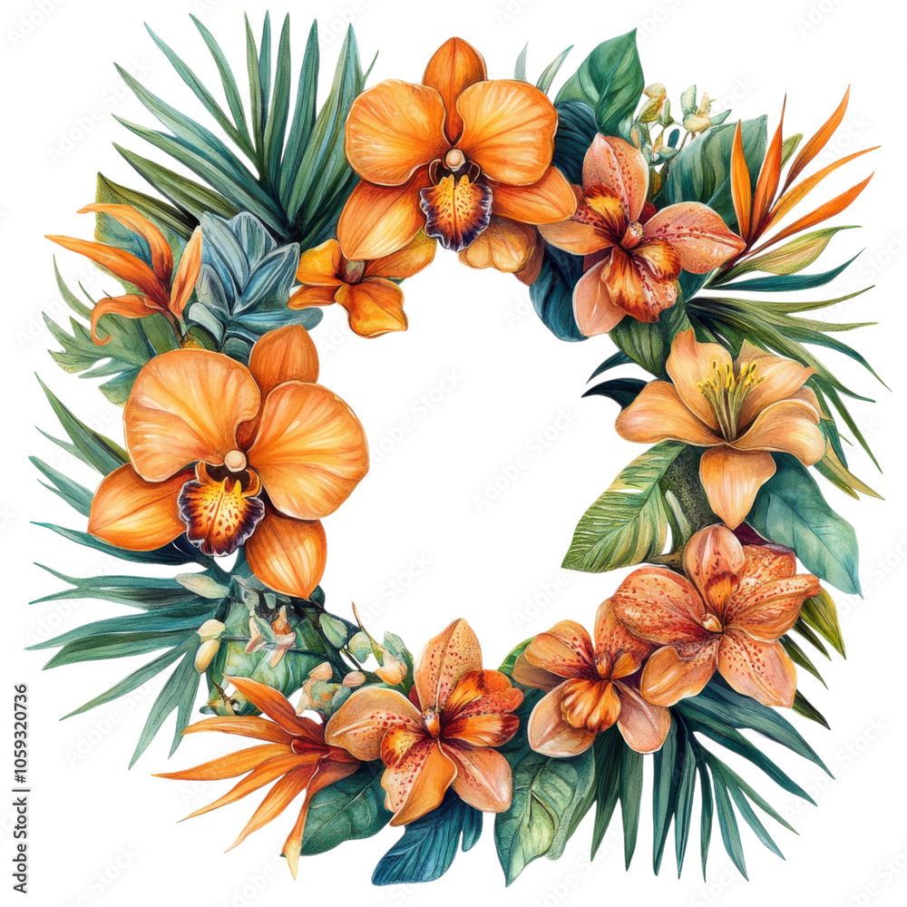 Fototapeta premium vibrant floral wreath featuring orange orchids, lilies, and tropical leaves, perfect for adding touch of natures beauty to any decor
