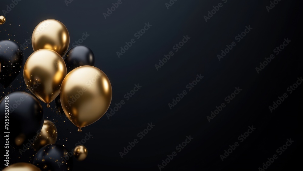 3D black and gold balloons on a dark background with copy space, banner design Generative AI 3D black and gold balloons on a dark background with copy space, banner design Generative AI