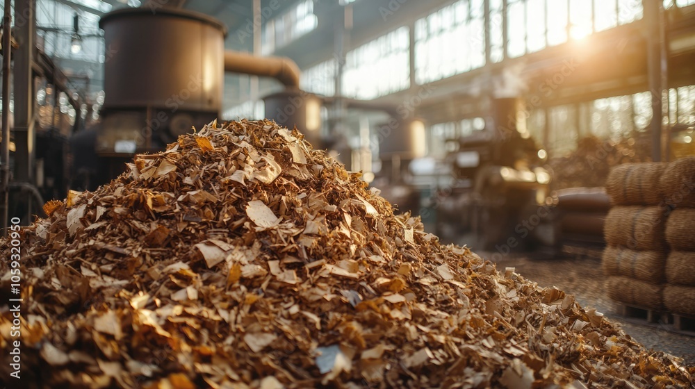 A Large Pile of Wood Shavings in a Factory Setting A Large Pile of Wood Shavings in a Factory Setting
