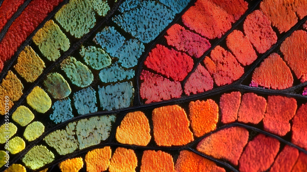 A butterfly's wing membrane captured under a biological microscope, revealing intricate geometric veins and vibrant colors in stunning detail. A butterfly's wing membrane captured under a biological microscope, revealing intricate geometric veins and vibrant colors in stunning detail.
