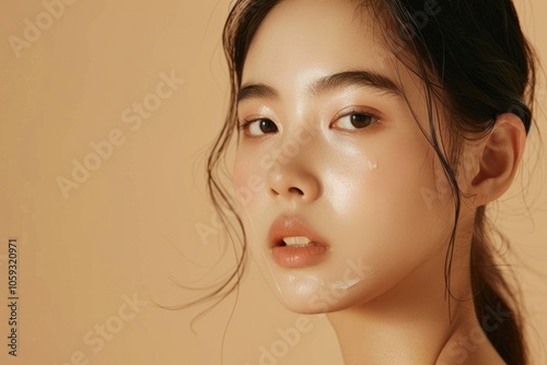 Beautiful young Asian woman with clean skin facial treatment.