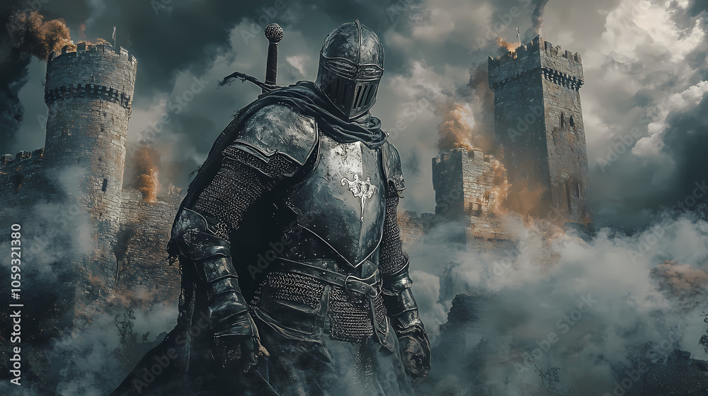 Ghostly knight haunting the ruins of an ancient fortress, haunted knight, spectral warrior. Spectral Knight. Illustration Ghostly knight haunting the ruins of an ancient fortress, haunted knight, spectral warrior. Spectral Knight. Illustration