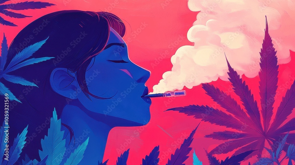 Artistic Portrait of Woman Smoking with Cannabis Leaves	