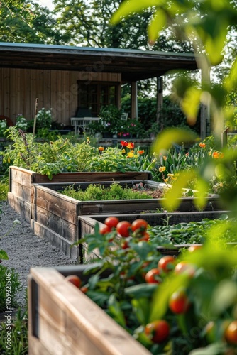 Vibrant garden with various plants and seating area. photo