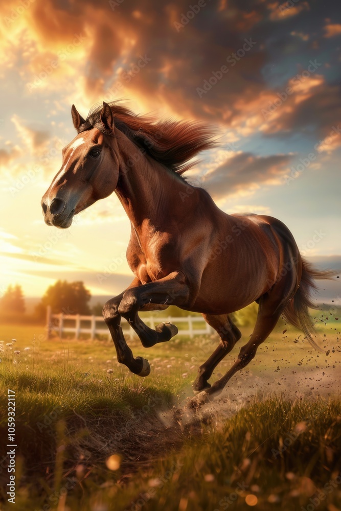 Running brown horse against sunset sky Running brown horse against sunset sky