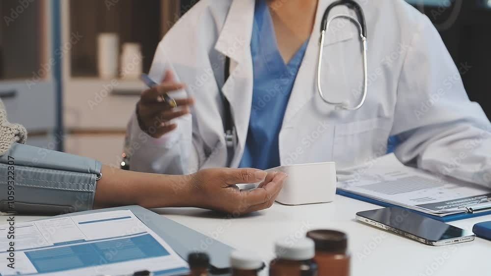 Doctor using sphygmomanometer with stethoscope checking blood pressure to a patient in the hospital. Doctor using sphygmomanometer with stethoscope checking blood pressure to a patient in the hospital.