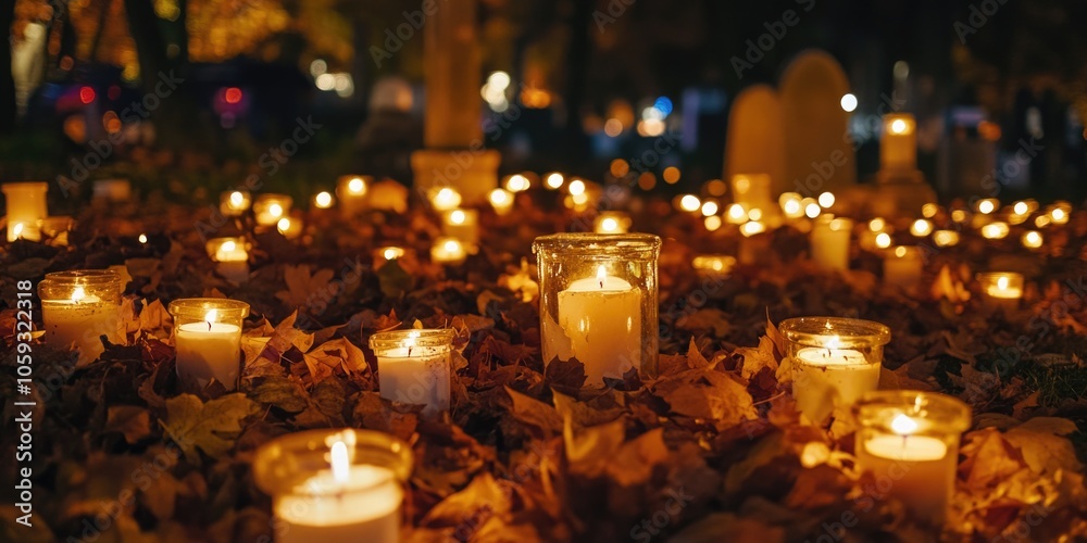 An arrangement of candles in a graveyard at night, casting a warm, inviting glow over the site. An arrangement of candles in a graveyard at night, casting a warm, inviting glow over the site.