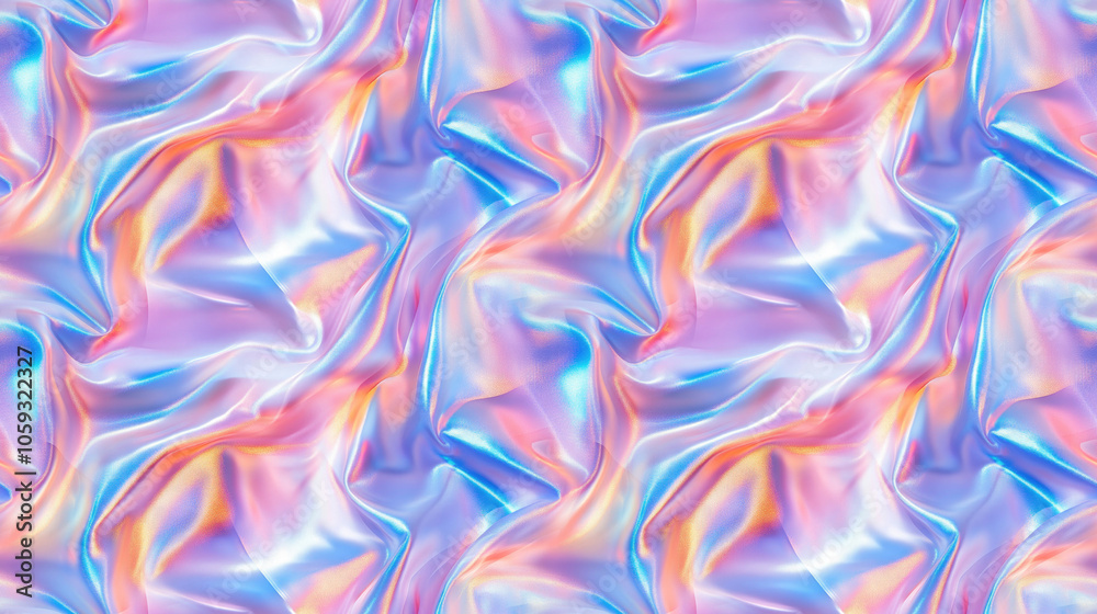 Fototapeta premium Vibrant seamless pattern featuring bright iridescent holographic design with radiant glowing colors of white pink blue and turquoise for modern textile or wallpaper applications